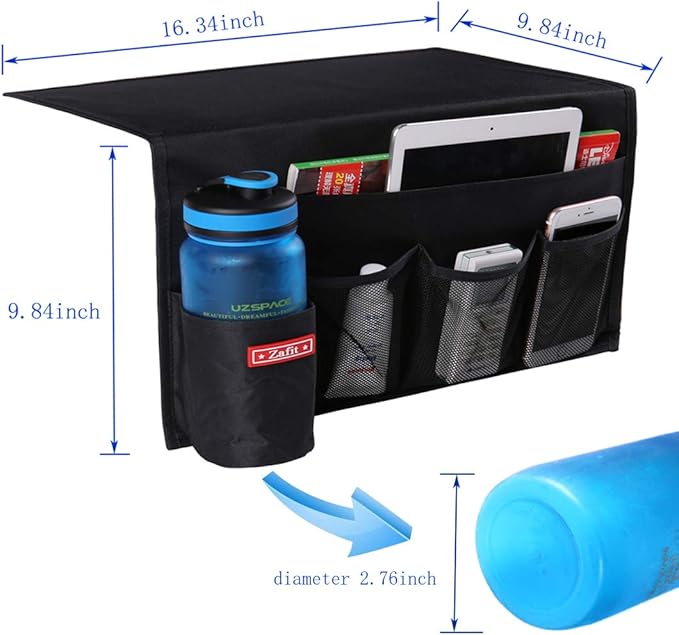 Zafit 5 Pockets Bedside Caddy, Bedside Storage Organizer for Water Bottles, Magazines, Phone, Glasses (5 Pockets-Black)