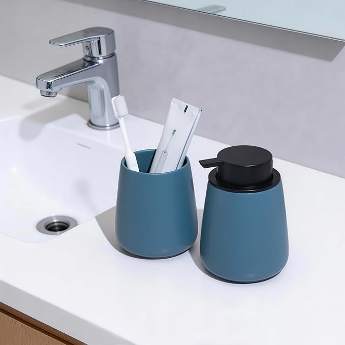 Blue Toothbrush Holder for Bathroom - 2Pcs Ceramic Tooth Brushing Holders Set, Toothbrush Cup & Toothpaste Organizer for Bathroom Countertop, Makeup Brush Holder, Pen Holder for Home Desktop Storage