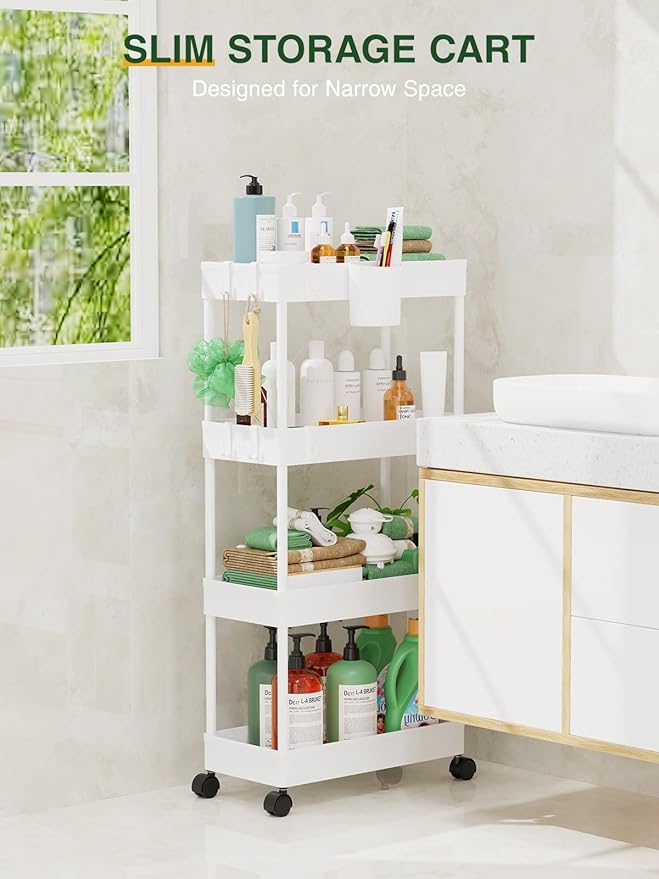 LEHOM Slim Rolling Storage Cart - 4 Tiers Bathroom Organizer Utility Cart Slide Out Storage Shelves Mobile Shelving Unit for Kitchen, Bedroom, Office, Laundry Room, Small Narrow Spaces (7.1" W+White)