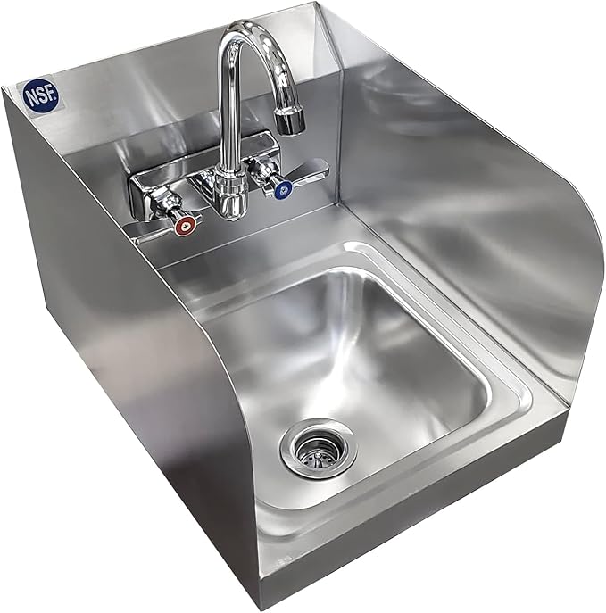 Stainless Steel Wall Mount Hand Basin with Gooseneck and Side Splash Guard. (16" x 12" Side Splash) Deep x long