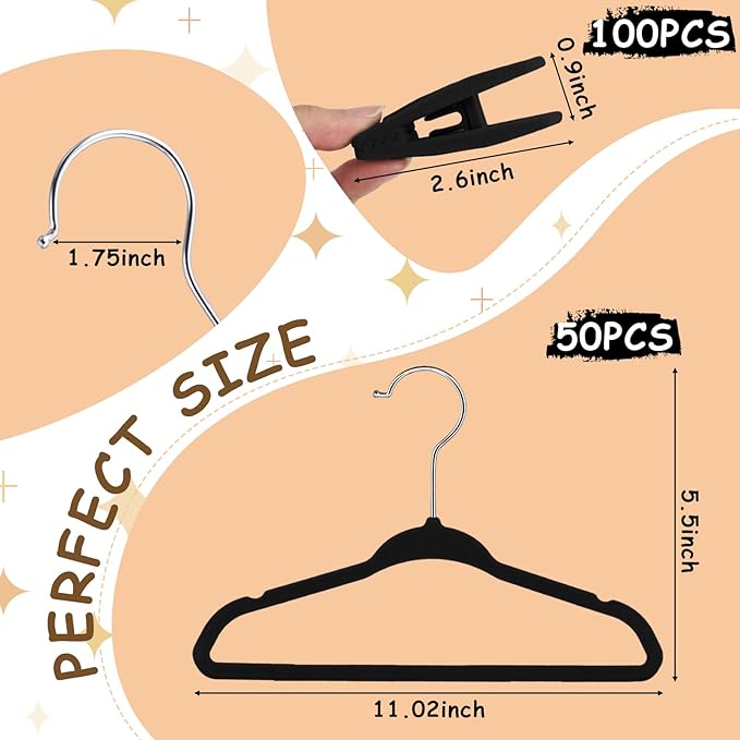 Soaoo 50 Pack Premium Baby Velvet Hangers with Adjustable 100 Clips, Non Slip 11 Inch Slim Kids Closet Organizer for Pants, Dresses & Matching Outfits, Nursery & Toddler Wardrobe (Black)