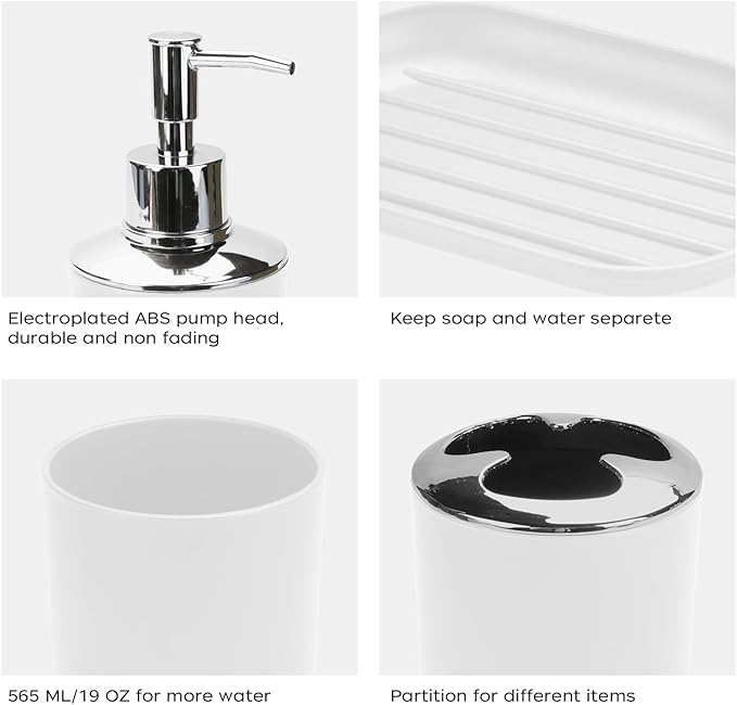 4 Pcs White Bathroom Accessories Set,Bohemian Bathroom Toothbrush Holder Set.Include Soap Dispenser, Soap Dish, Toothbrush Holder, Mouthwash Cup, Modern Bahtroom Decor Set