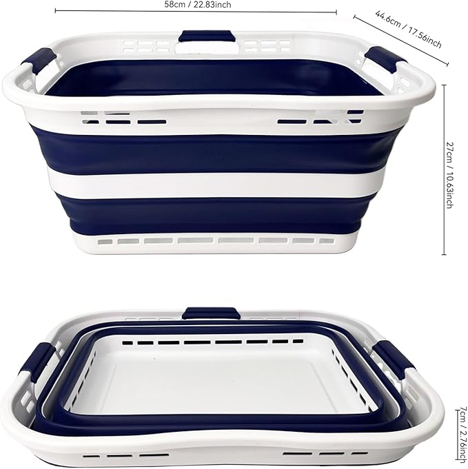 SAMMART Set of 2 Collapsible Plastic Storage Basket - Foldable Pop Up Storage Container - Portable Laundry Organizer - Space Saving Hamper (White/Starry Blue, 42L (Style A))