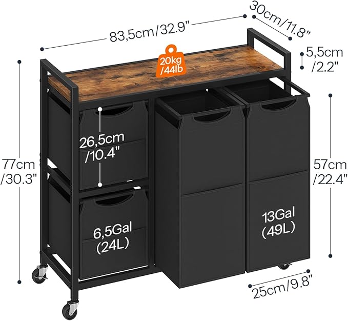 HOOBRO Laundry Sorter with 4 Section, 39 Gal. (147 L) Laundry Hamper with Wheels, Rolling Laundry Basket with Shelf, Pull-Out Detachable Bags, Side Pockets, Rustic Brown and Black BF14XY01N1