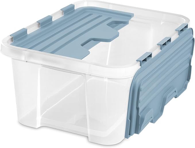Sterilite 18 Pack Hinged Lid Storage Box, 20 Qt Plastic Container, Washed Blue - Home Organizer Tote for Storing Shoes, Crafts, Clothing, or Decor