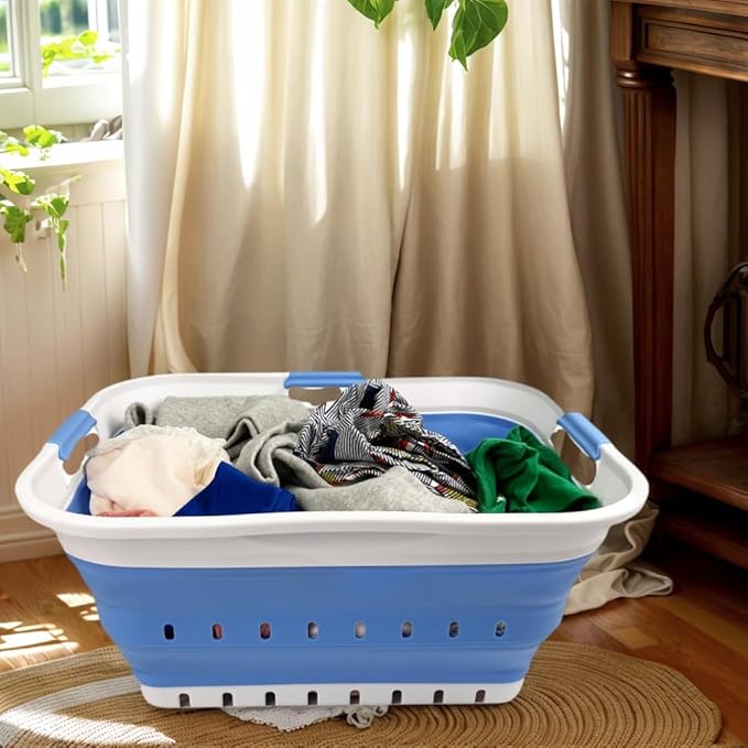 SAMMART 42L (11 gallon) Collapsible Plastic Laundry Basket - Foldable Pop Up Storage Container/Organizer - Space Saving Hamper/Basket (1, White/Little Boy Blue)
