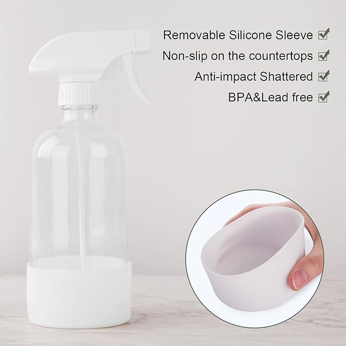 Glass Spray Bottles for Cleaning Solutions, 16oz Reusable Clear Empty Mist Spray Bottle with Silicone Sleeve for Hair, Plants and Essential oils 2 Pack