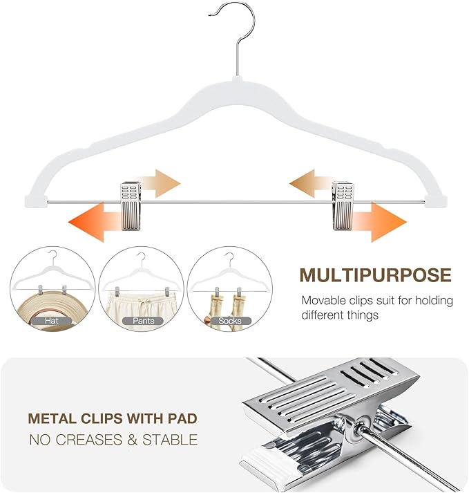 Korpai 24-Pack White Velvet Hangers with Clips Adjustable,Outfit Hangers,Heavy-Duty,Non-Slip,Space Saving, Felt Hanger for Pants, Skirts, Suits,Coats, Dresses ect.