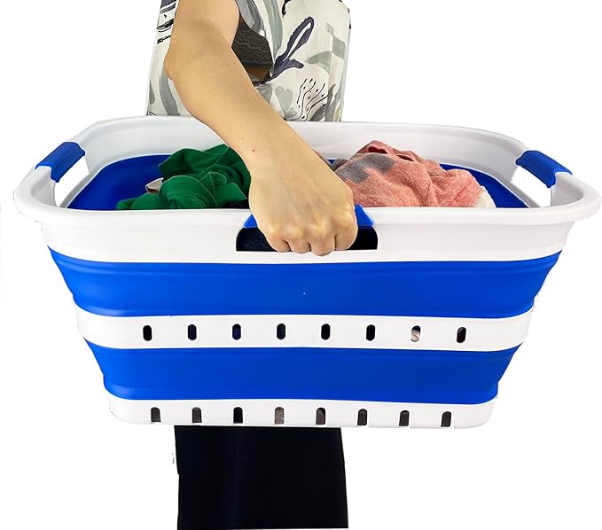 SAMMART 42L (11 gallons) Set of 2 Plastic Foldable Storage Basket/Container - Collapsible, Space Saving and Portable Laundry Hamper, Ideal for Home, Travel, Dorm (2, White/Dark Blue)