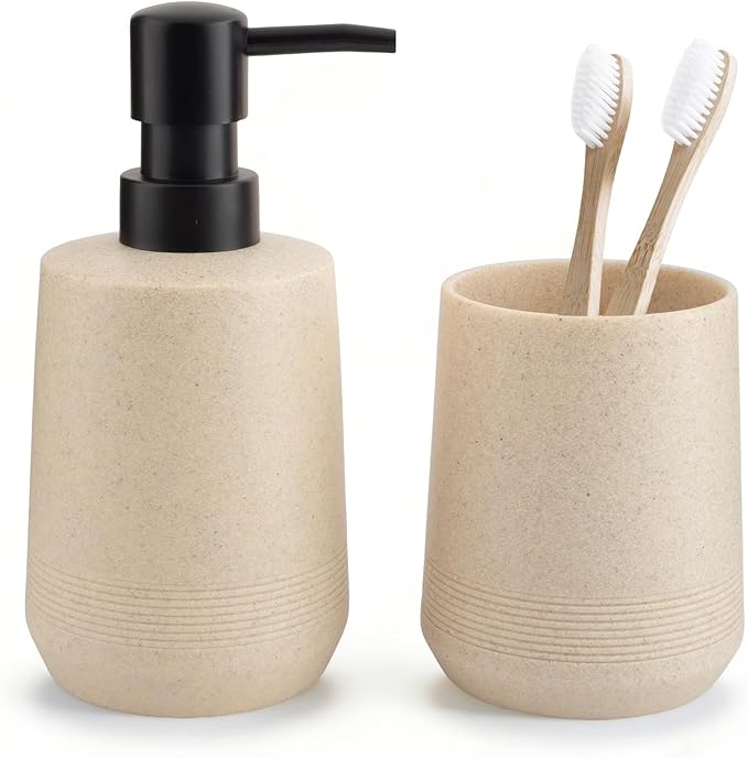 Bathroom Accessories Set, 2 Piece Resin Bathroom Accessory Set with Soap Dispenser and Toothbrush Holder for Modern Bathroom Decor (Beige)