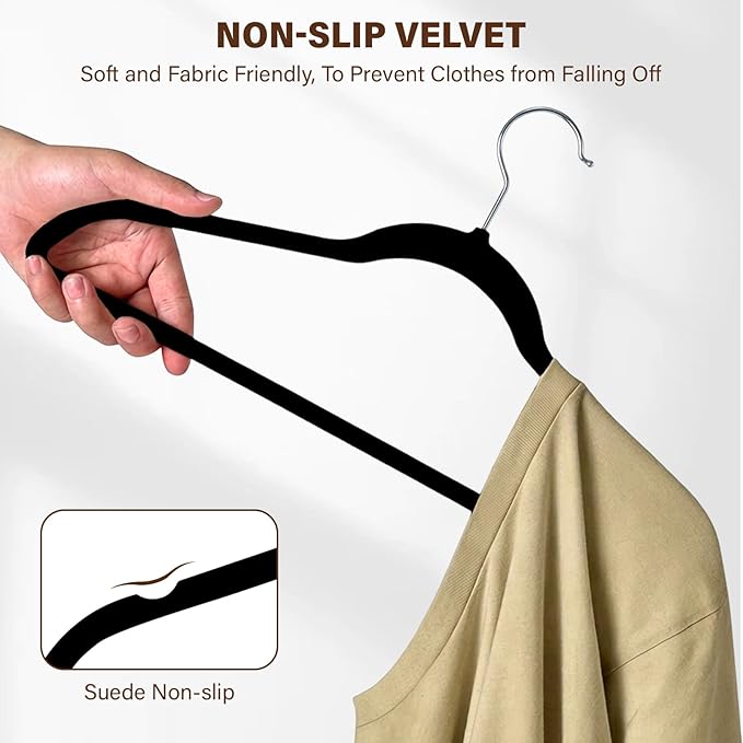 Premium Velvet Hangers 50 Pack, Non-Slip Flocked Felt Hangers, Sturdy Clothes Hangers with 360° Rotatable Hook, Heavy Duty Coat Hanger, Durable Slim Hanger for Closet Space Saving.