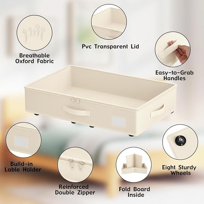 EE-RoomWorld Under Bed Storage with Wheels, No Assemble Required 5.5 inches height beige under bed storage bins,Low Profile Rolling Underbed Shoe Storage containers，dorm underbed storage drawers