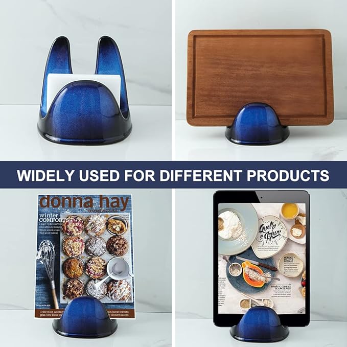 Nihow Pot Lid Holder: Stable Ceramic Pan Lid Holder for Kitchen Counter Decor/Countertop/Stove Top- Heat Resistant & Dishwasher Safe - Elegant Black & Blue Set of 2