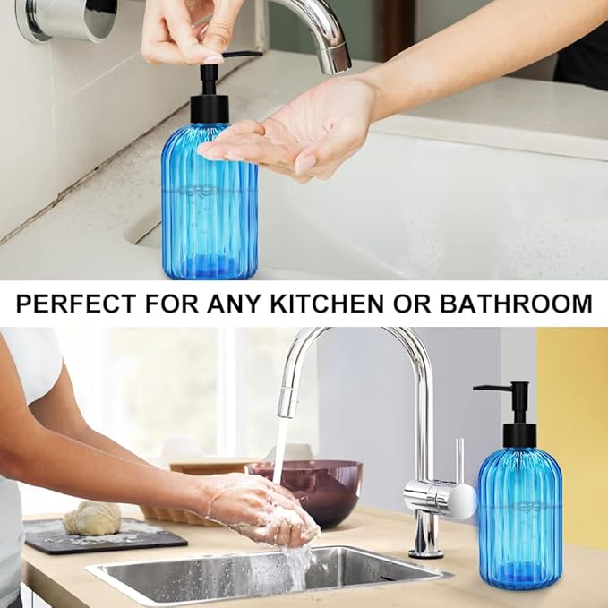 Pack of 2 Glass Soap Dispenser with Black Pump, 400 ml Refillable Pump Dispenser for Kitchen, Bathroom, Order, Laundry Room, Liquid Glass Bottle for Washing Up Liquid, Shampoo, Conditioner (Blue)