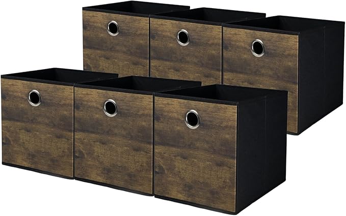 6-Pack Durable Storage Cube Bin with Decorative Wood Grain,Thickened Fabric Box,Storage Basket for Shelf,Closet,Storeroom,Bedroom,Living Room,Nursery,Office,Dorm,RV,13x13x13in,Brown with Black(Large)