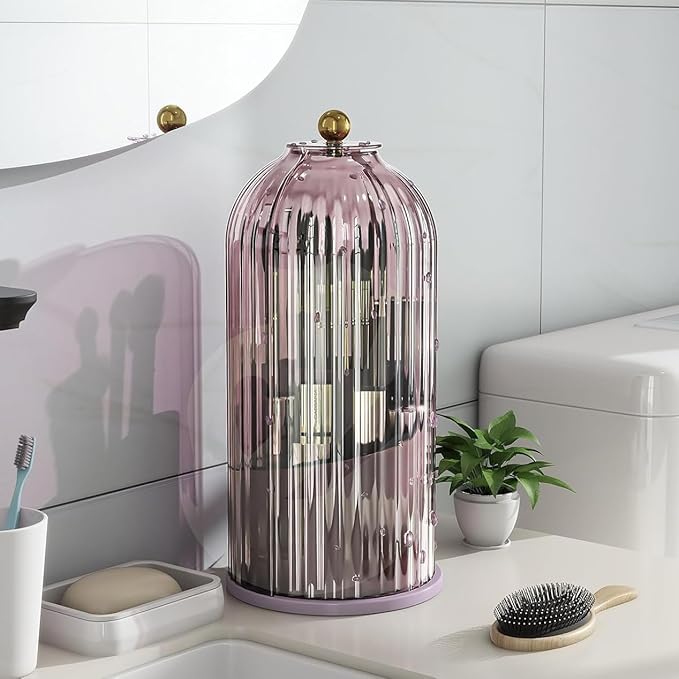 Zufudo Dustproof Toothbrush Holders with Cover, Rotating Electric Toothbrush and Toothpaste Holder for Bathroom Countertop, 3 Slots Makeup Brushes Organizer, All Pink
