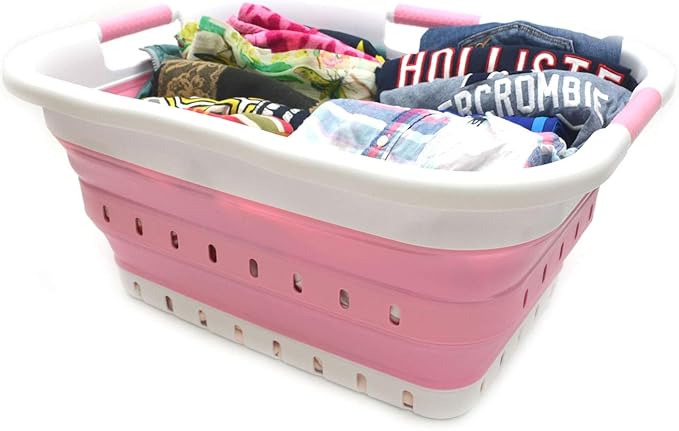 SAMMART 41L Collapsible 3 Handled Plastic Laundry Basket - Foldable Pop Up Storage Container/Organizer - Portable Basket - Space Saving Hamper/Basket (3 handled rectangular, White/Pink)