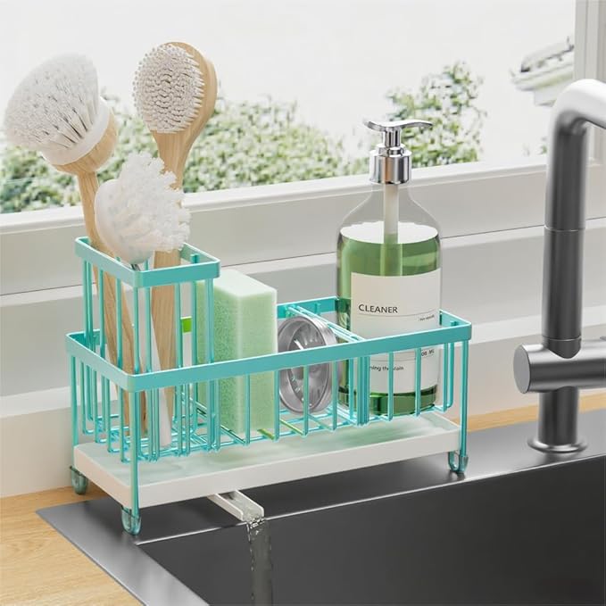 Cisily Sponge Holder for Kitchen Sink, Sink Caddy Organizer with High Brush Holder, Kitchen Countertop Organizers and Storage Essentials, Rustproof 304 Stainless Steel (Turquoise, 9.25″)