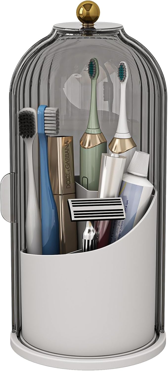 Zufudo Dustproof Toothbrush Holders with Cover, Rotating Electric Toothbrush and Toothpaste Holder for Bathroom Countertop, 3 Slots Makeup Brushes Organizer, Grey White