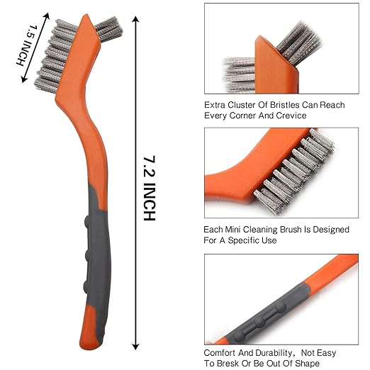 Wire Brush Set 5PCS, Nylon/Brass/Stainless Steel/Carbon Steel Bristles Wire Scratch Brush with Curved Rubber Handle for Cleaning Rust, Corrosion, Dirt, Paint Scrubbing, Deep Detailing Cleaning, Orange