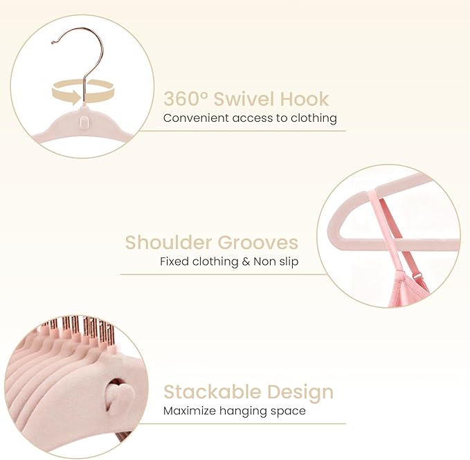 Kids Velvet Hanger 50 Pack, 11 Inch Baby Hangers with 10 Clips, Premium Non-Slip Newborn & Toddler Clothes Hangers with 360° Rose Gold Swivel Hook & Space-Saving Stackable Design, Pink