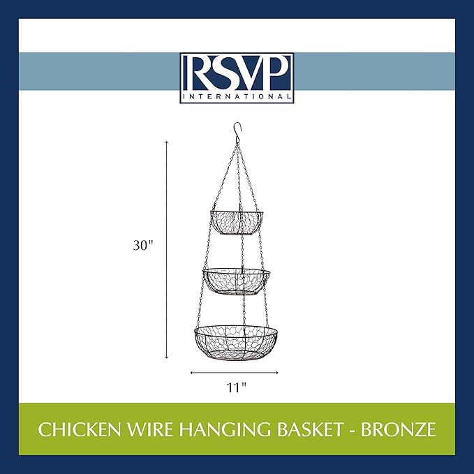 RSVP International Hanging Storage Collection 3-Tier Baskets, Bronze Chicken Wire