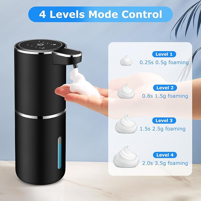 Automatic Foaming Soap Dispenser,Touchless Soap Dispenser with 4 Adjustable Foam Levels,Wall Mounted and USB Rechargeable,12.8oz Large Capacity for Bathroom,Kitchen Sink,Dish Soap(Black)
