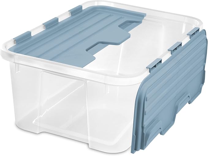 Sterilite 12 Pack Hinged Lid Storage Box, 40 Qt Plastic Container, Washed Blue - Home Organizer Tote for Storing Shoes, Crafts, Clothing, or Decor