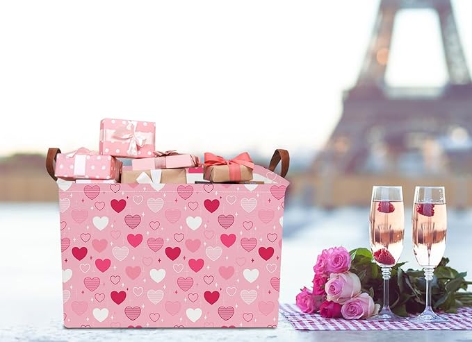 Rectangular Storage Basket Empty,Collapsible Gift Basket with Handles,Heart Print Basket, Books Box,Room Decor(Love You Heart)