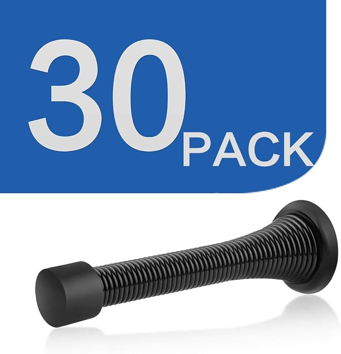 HOMOTEK 30 Pack Black Spring Door Stops,3-1/8" Heavy Duty Door Stop - Flexible Spring Door Stopper with Low Mounted Black Rubber Bumper Tips