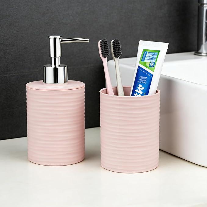 Bathroom Accessories Set, 2-Piece Pink Soap Dispenser & Toothbrush Holder with Ripple Texture & Rust-Proof Pump, Modern Matte Organization