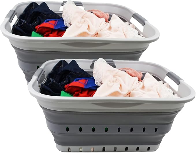 SAMMART 42 (11 Gallons) Collapsible Plastic Laundry Basket, Foldable Pop Up Storage Container/Organizer, Space Saving Hamper, Portable Bin for Dorm Room Bathroom (2, Grey)