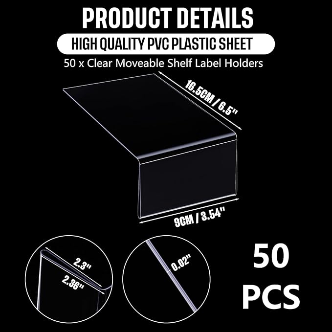 Containlol 50 Pcs Moveable Shelf Label Holders, Clear Bookshelf Label Library Shelf Markers Bookshelf Divider Tags for Library Office Classroom Home(3.6 x 2.4 Inch)