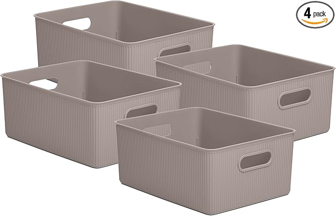 Decorative Plastic Basket Open Home Storage Bins Organizer, Large Taupe (4 Pack) Container Boxes for Organizing Closet Storage Bins for Shelves Drawer Shelf - Ribbed Collection 15 Liter/16 Quart