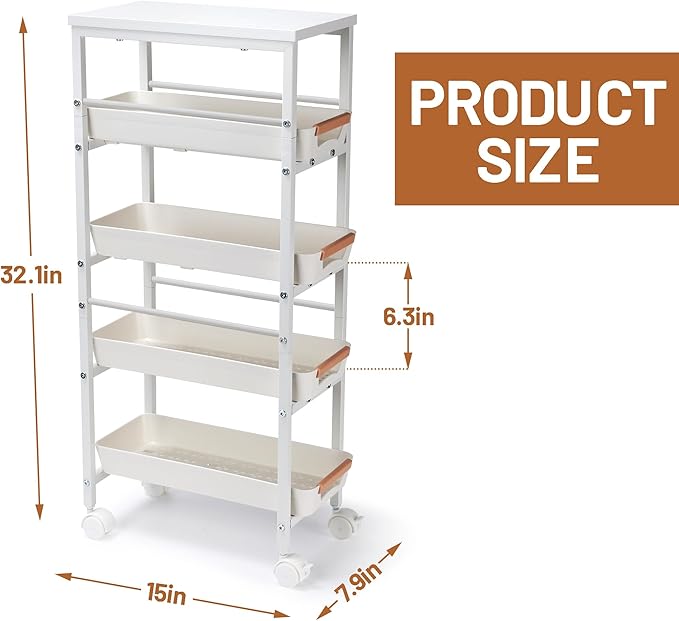 Slim Storage Cart, 5-Tier Narrow Rolling Kitchen Laundry Room Cart with Drawer and Wheels, Metal Utility Cart Slide Out Organizer for Small Spaces (White)