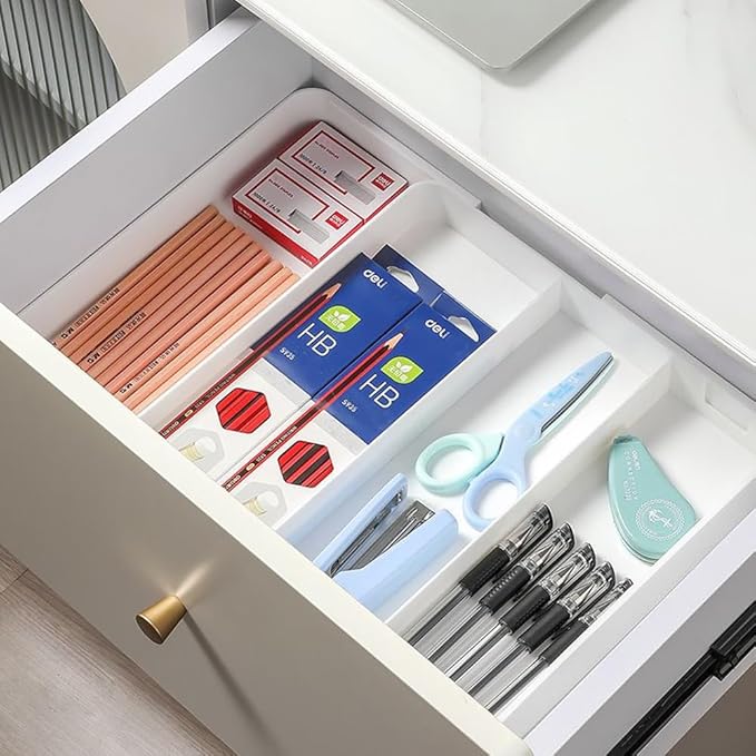 2 Pack Shallow Drawer Organizer (1.57" H), Modular Expandable Desk Dividers (Width 10.6"-17.9" OR Length 16.1"), Detachable Trays for Office Stationery, Makeup, Kitchen, White