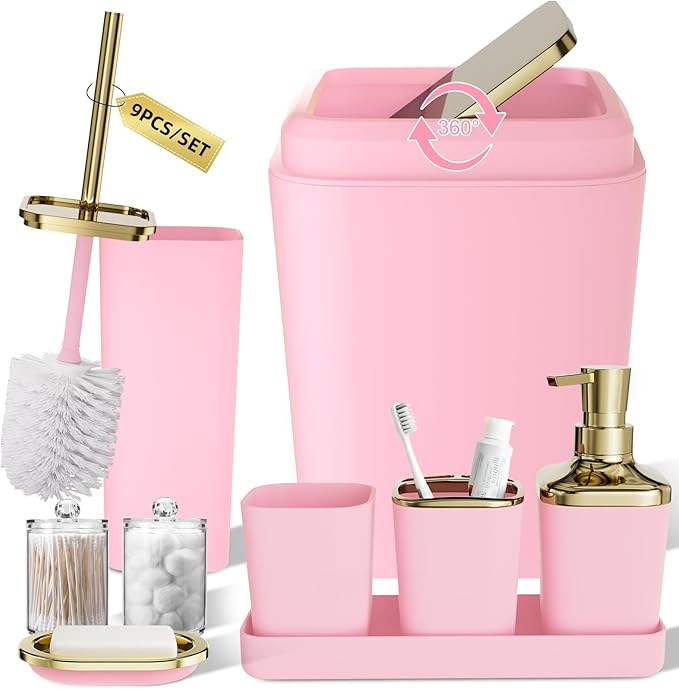 Pink Bathroom Accessories Set, Pink and Gold Bathroom Accessories with Trash Can, Soap Dispenser, Soap Dish, Toothbrush Holder and Q-tip Holders