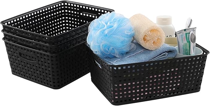 Plastic Weave Storage Baskets, Plastic Shelf Basket Bins, Black, 4 Packs