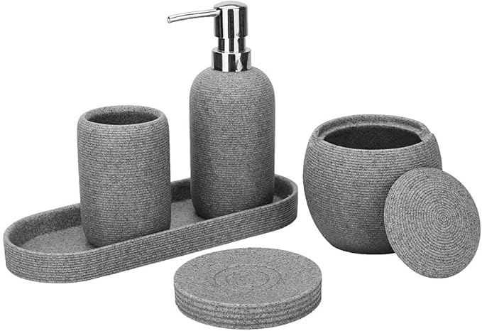 Grey Resin Bathroom Accessory Set, 5 Pcs Bathroom Accessories Set with Lotion Dispenser,Soap Dish,Toothbrush Holder,Vanity Tray,Qtip Holder Dispenser, Modern Bathroom Decor and Housewarming Gift Set