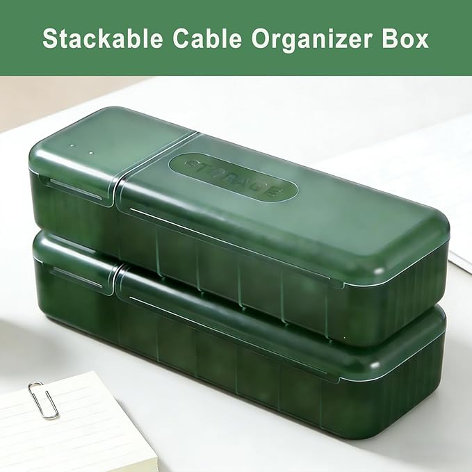 RayHenry Cable Organizer Box with Lid, Charger Cord Storage Box, Multifunctional Accessories Storage for Home Drawer Office Desk (Dark Green)