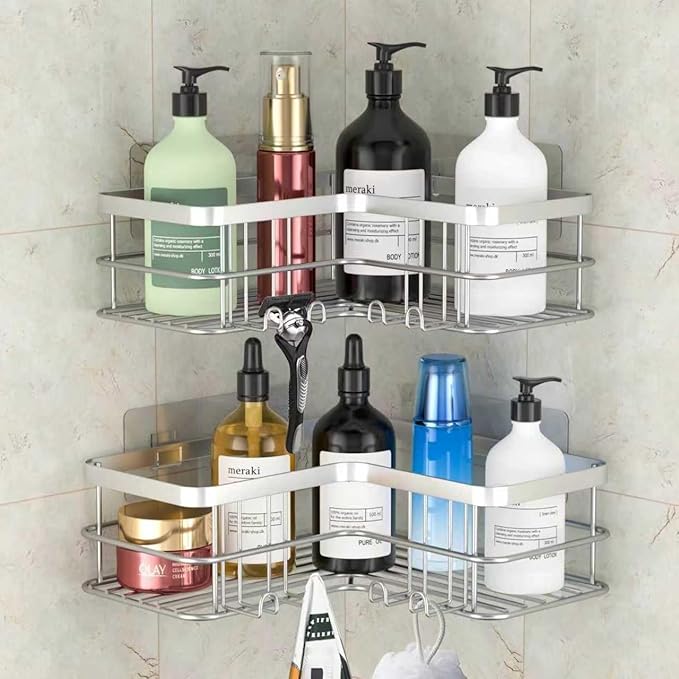 Yazoni Shower Caddy 2-Pack, No Drilling Shower Organizer Corner Shelf for Bathroom Tub, Stainless Steel Shower Caddy Corner Shelf for Bathroom Kitchen(Silver)