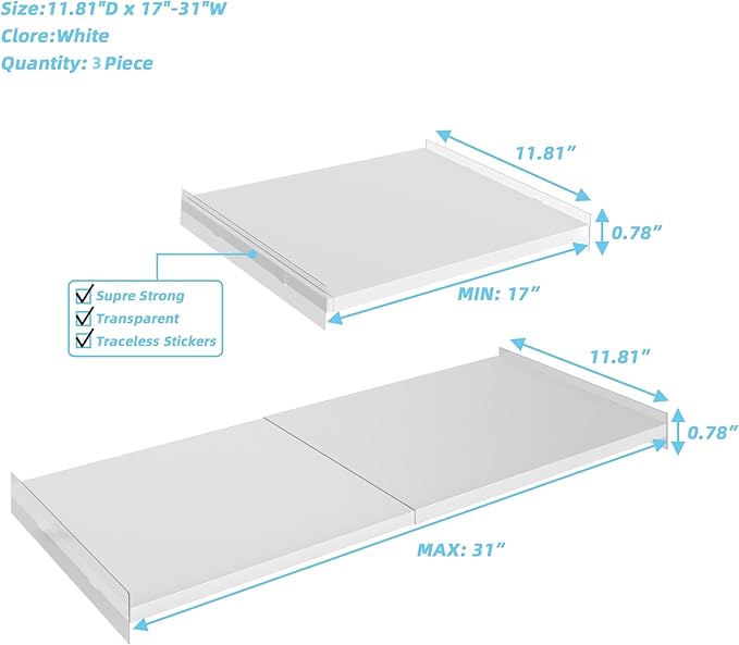Adjustable Closet Shelves Organizer,3 Pack Expandable Racks for Wardrobe,Cabinet,Storage Tension Shelving for Pantry Cupboard Kitchen (White,W:11.8" D x 17"-31" W,3-PCS)