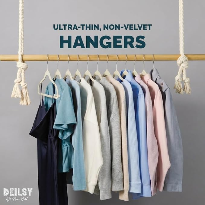 DEILSY™ Ivory Hangers 50 Pack - Non Velvet Slim Hangers - Durable Hanger Space Saver for Closet Organization, Shirts, Dresses, Jackets, Pants, Adult Clothes Storage Solution