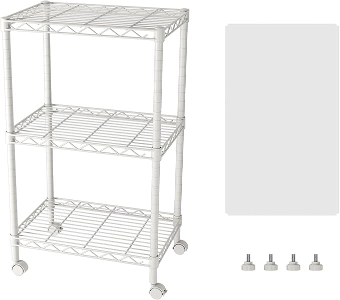SINGAYE 3 Small Shelves Storage Shelf Wire Shelving Unit Metal Shelf Adjustable Organizers Storage Shelving with Wheels for Bathroom Laundry Room Kitchen Pantry11.5”D x 17.5”W x 30.5”H White