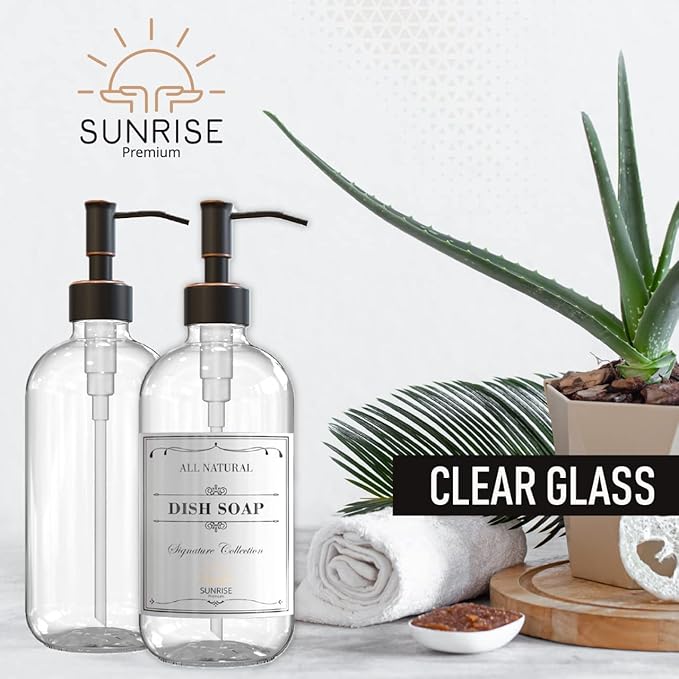 2 Pack Clear Glass Soap Dispenser 16 OZ with Oil Rubbed Bronze Stainless Steel Pump, Hand and Dish Soap Dispenser Set for Bathroom and Kitchen Sink with 6 Waterproof Labels
