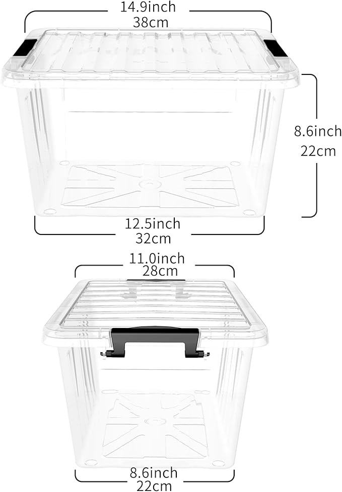 Lidded Storage Bin, Stackable Plastic Storage Box with Snap Lock Lid, Clear, 18 Quart, Pack of 6