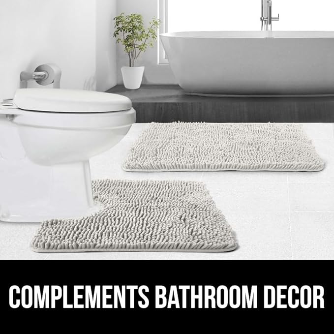 GORILLA GRIP Plush Absorbent Shaggy Chenille Bath Rug Mat for Oval Toilet Base with Rubber Backing, Machine Washable Rugs, Soft Microfiber Contour Mats for Toilets, Bathroom Decor, Ivory