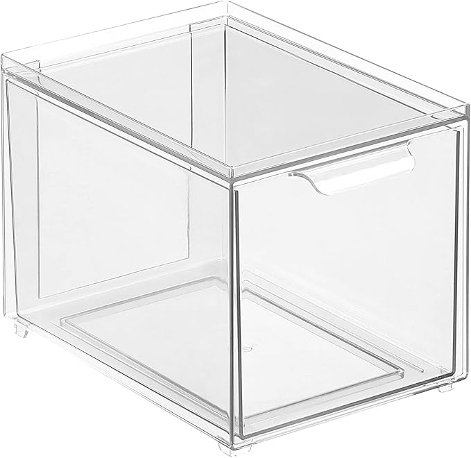 mDesign Plastic Closet Organizer Bin w/Pull Out Drawer - Slim Stackable Storage for Closet - Organization for Accessories, Bags, Totes, Small Linens, and More - Lumiere Collection - Clear