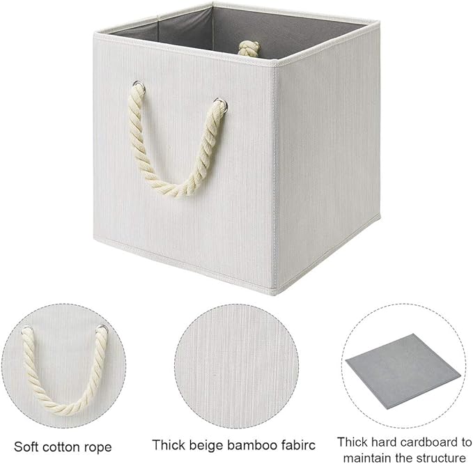 i BKGOO Foldable Storage Cube Bins Beige-White Bamboo Fabric Collapsible Resistant Basket Box Organizer with Cotton Rope Handle for Home Office and Nursery 10.5x10.5x11 inch