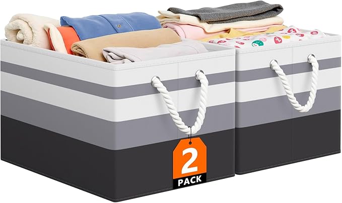 Storage Bin,Collapsible Storage Basket For Organizing,Large Storage Boxes With Rope Handles,Storage Containers,Gradient Grey,2 Pack